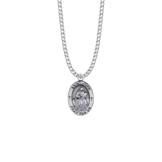 Saint John Sterling Silver Oval Saints Medal  - Patron Saint of Friendship and Writers (Custom engraving available)