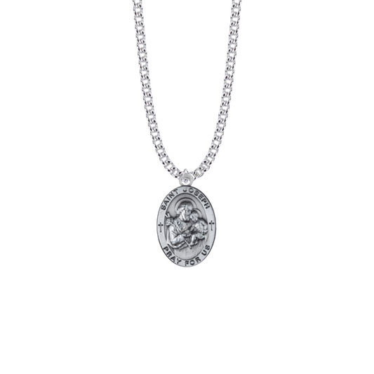 Saint Joseph Sterling Silver Oval Saints Medal - Patron Saint of Fathers, Carpenters and Workers (Custom engraving available)