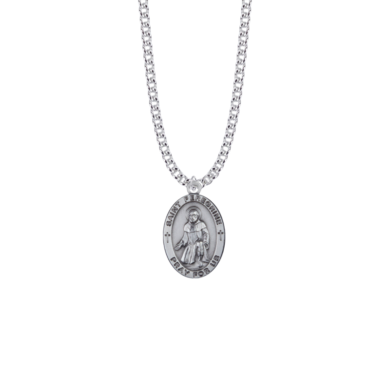 Saint Peregrine Sterling Silver Oval Saints Medal - Patron Saint of Those Suffering Cancer and Life Threatening Illnesses (Custom engraving available)