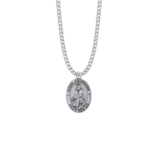 Saint Peregrine Sterling Silver Oval Saints Medal - Patron Saint of Those Suffering Cancer and Life Threatening Illnesses (Custom engraving available)