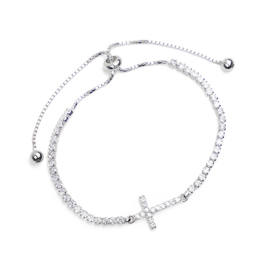 Cross Bracelet - Adjustable Bolo Style - Sterling Silver with Cubic Zirconias