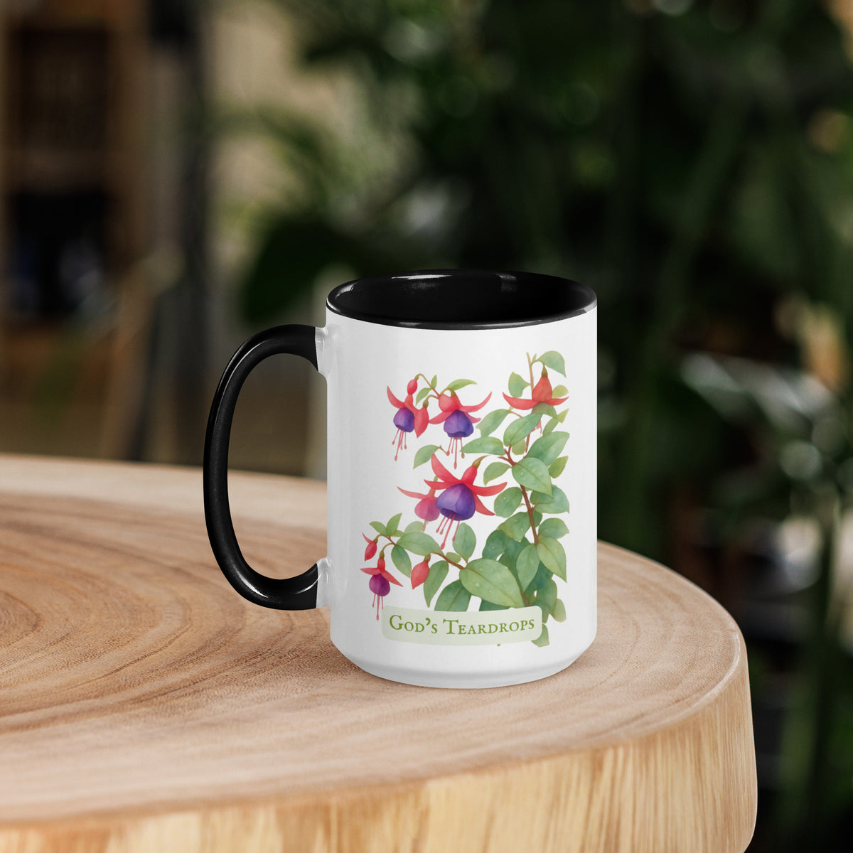 God's Teardrops — 15 oz Large Ceramic Mug | Fuchsia Watercolor Art | Sacred Garden Collection