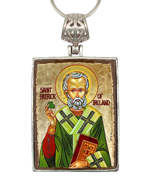 Saint Patrick Religious Jewelry Silver Plated Necklace, Gold-Plated Wooden Cabochon - Celtic Sacred Icon - Celtic Decor - 43060R