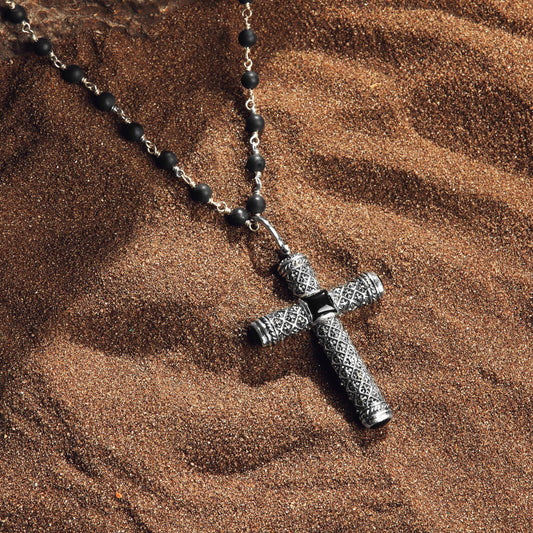 Profound Belief - Silver Matte Onyx Cross Charm Necklace