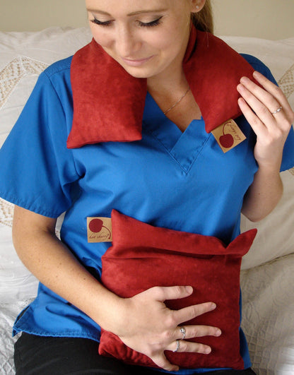 Feel Better Pack in Red Denim: Square, Eye Pillow & Neck Wrap - Hot and Cold Comfort Packs