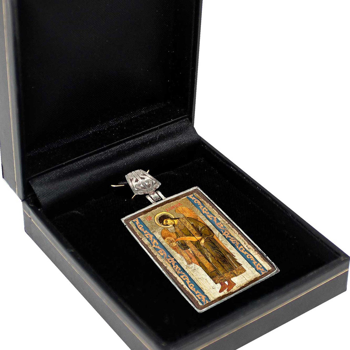 Saint Gabriel Archangel Silver Plated Necklace, Gold-Plated Wooden Cabochon