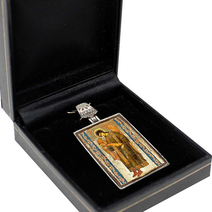 Saint Gabriel Archangel Silver Plated Necklace, Gold-Plated Wooden Cabochon
