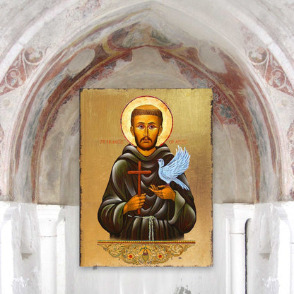 Saint Francis Wooden Gold Plated Religious Christian Sacred Icon - Inspirational Icon Decor - 85024