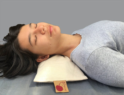 Hot Cherry Cervical/Rectangle Neck Pillow in Unbleached, Pre-washed, Natural Denim, with Cherry Blossom Pillowcase - Hot and Cold Comfort Pack