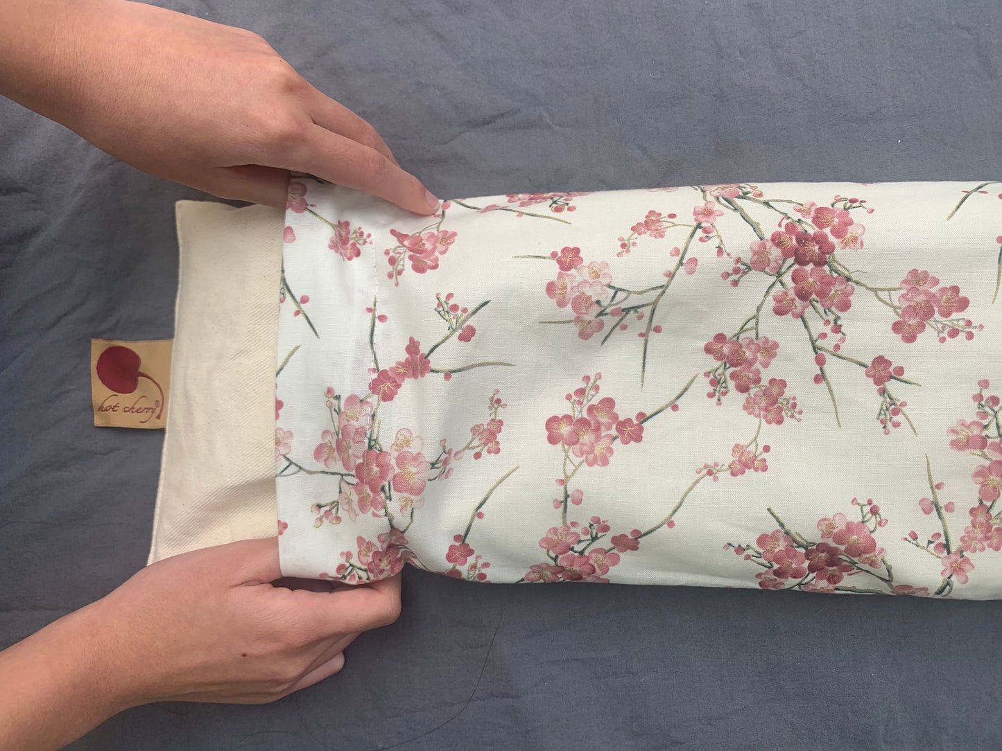 Hot Cherry Cervical/Rectangle Neck Pillow in Unbleached, Pre-washed, Natural Denim, with Cherry Blossom Pillowcase - Hot and Cold Comfort Pack