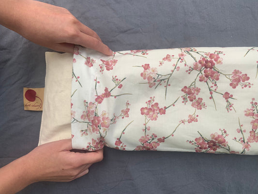 Hot Cherry Cervical/Rectangle Neck Pillow in Unbleached, Pre-washed, Natural Denim, with Cherry Blossom Pillowcase - Hot and Cold Comfort Pack