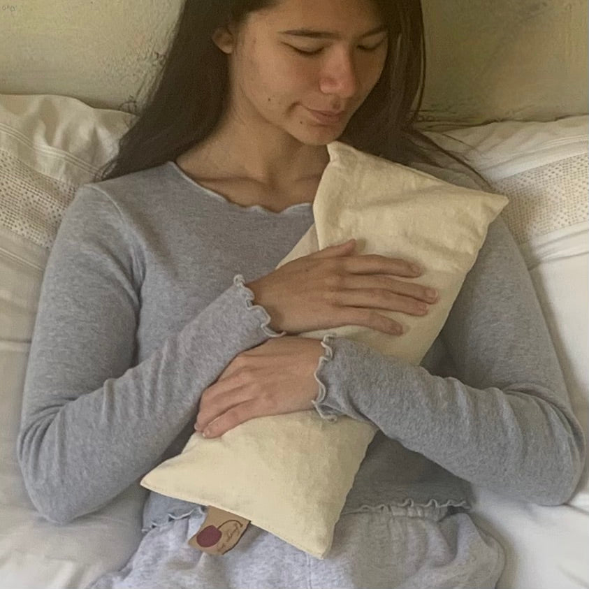 Hot Cherry Cervical/Rectangle Neck Pillow in Unbleached, Pre-washed, Natural Denim, with Cherry Blossom Pillowcase - Hot and Cold Comfort Pack