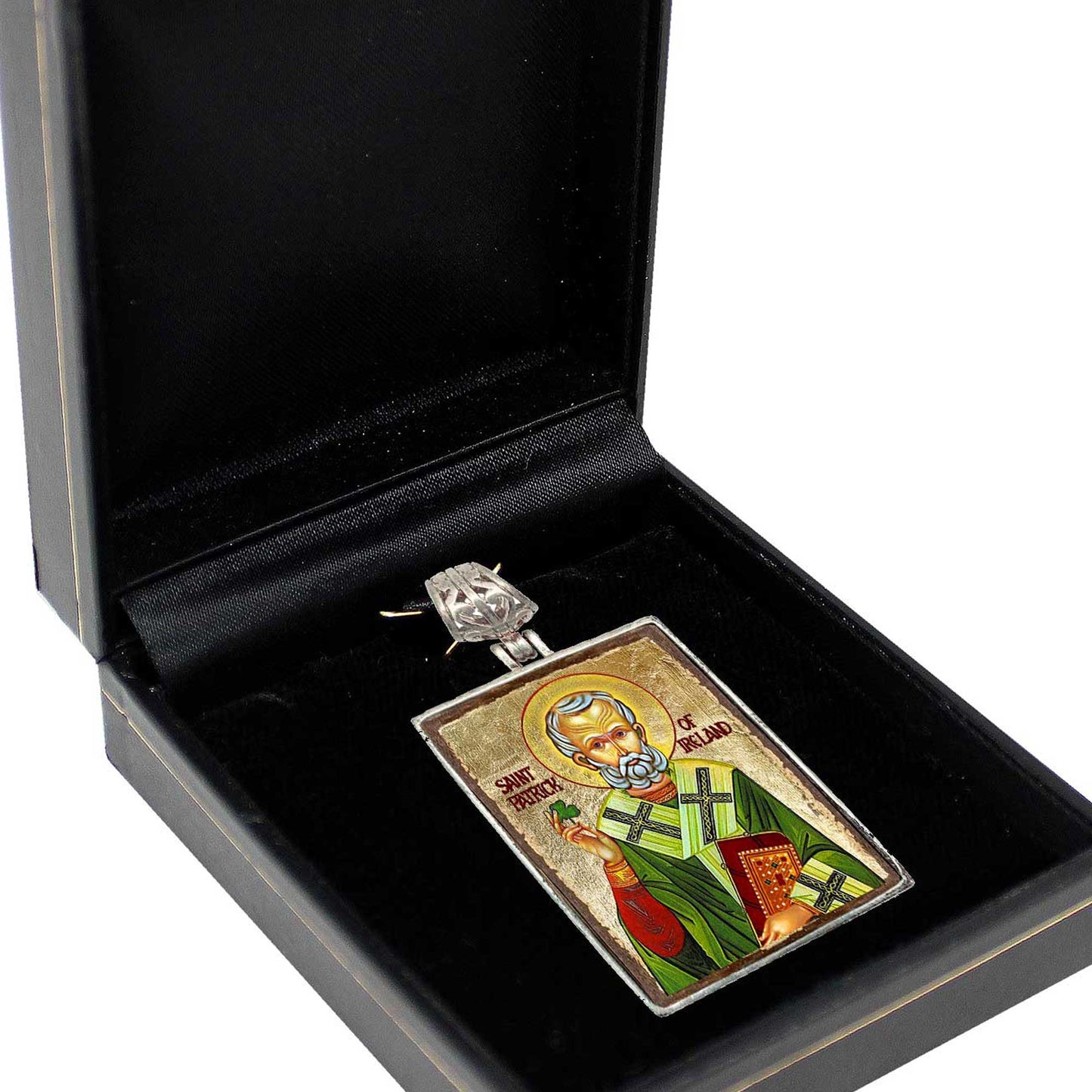 Saint Patrick Silver Plated Necklace, Gold-Plated Wooden Cabochon - Patron Saint of Ireland