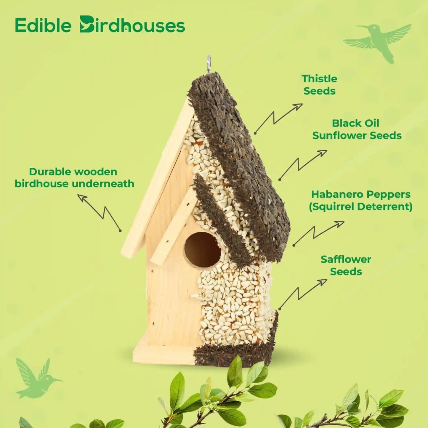 Handmade Edible Birdhouse - Dark Roof, Tall Birdhouse Covered in Bird Seeds