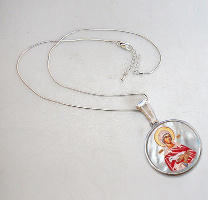 Icon of The Virgin Mary - Silver Plated Mother of Pearl Necklace