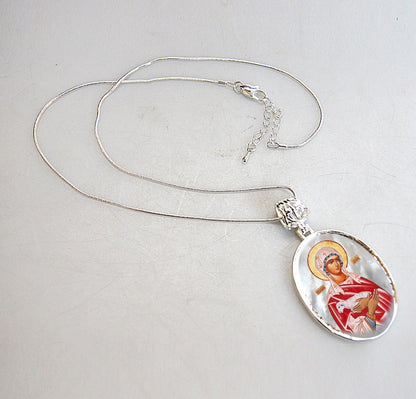 Icon of The Virgin Mary - Silver Plated Mother of Pearl Necklace