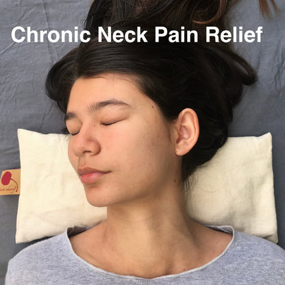 Hot Cherry Cervical/Rectangle Neck Pillow in Unbleached, Pre-washed, Natural Denim, with Cherry Blossom Pillowcase - Hot and Cold Comfort Pack