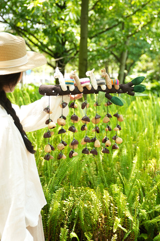 Llama Forest Wind Chime Wall Hanging – Handmade Felt Animal & Natural Seed Decor