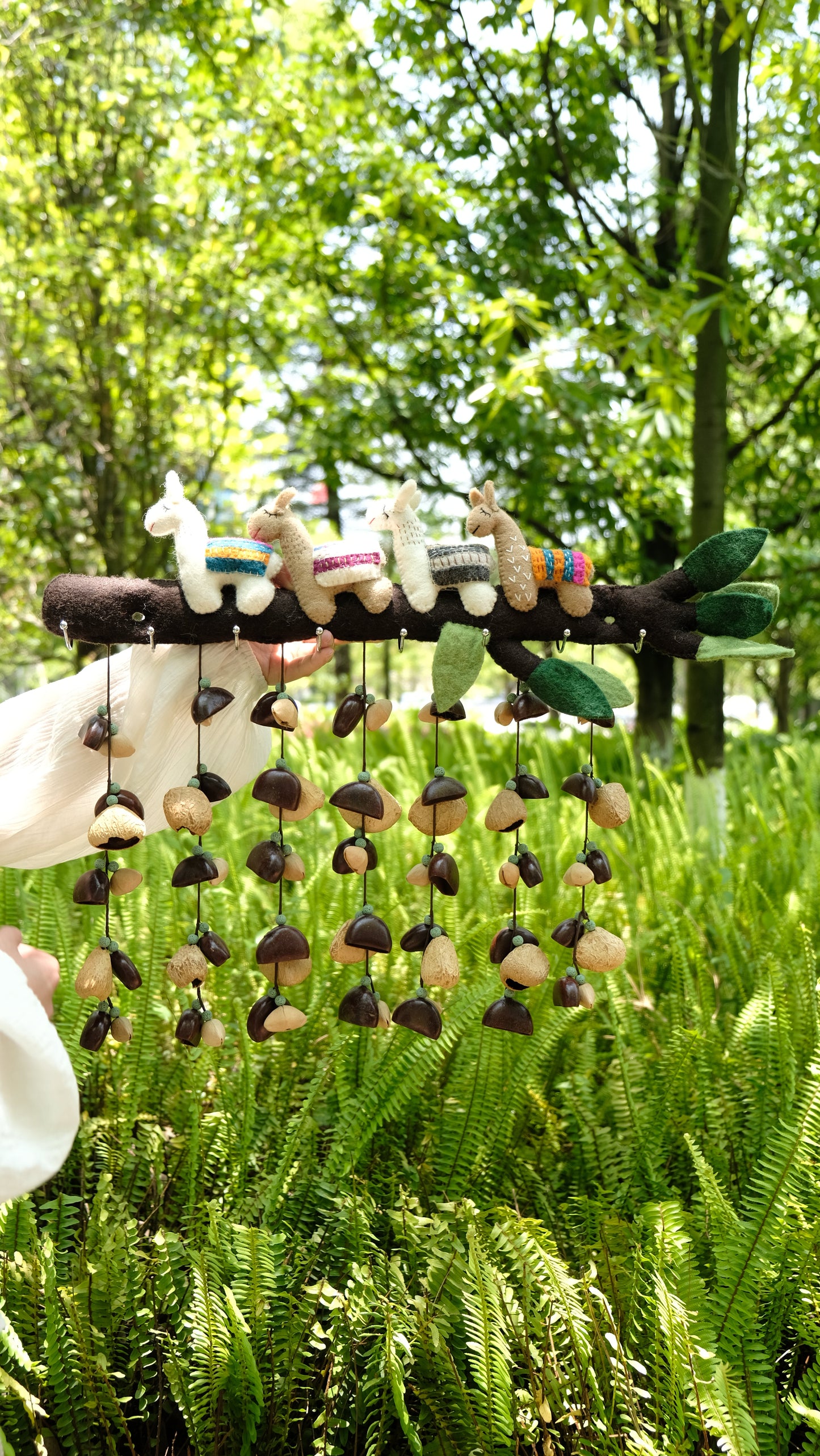 Llama Forest Wind Chime Wall Hanging – Handmade Felt Animal & Natural Seed Decor