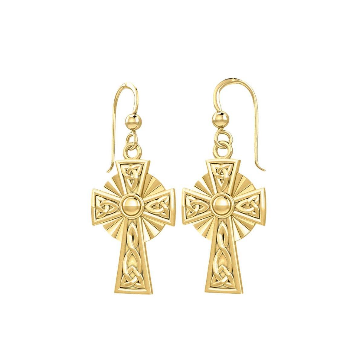 Modern Celtic Knotwork Cross Solid Gold Earrings