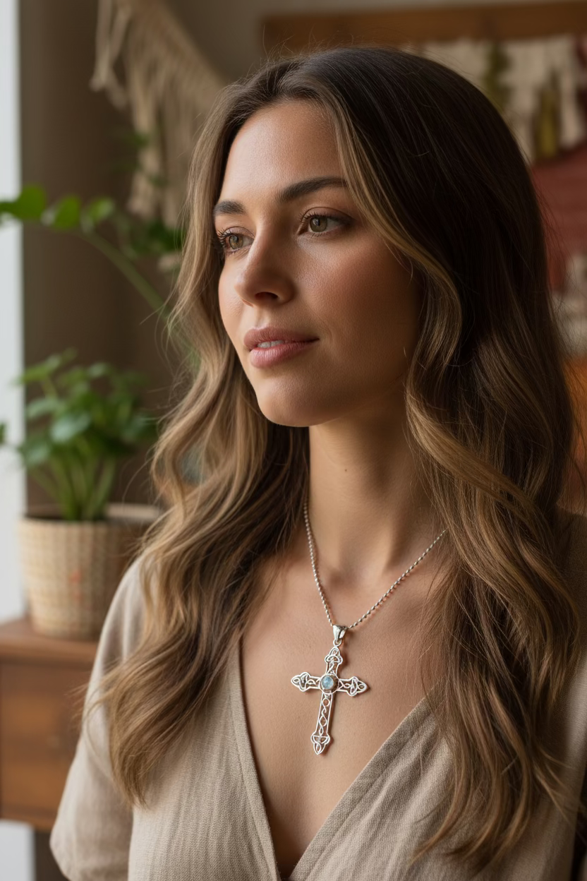 Gratitude Celtic Cross Moonstone Necklace in Sterling Silver