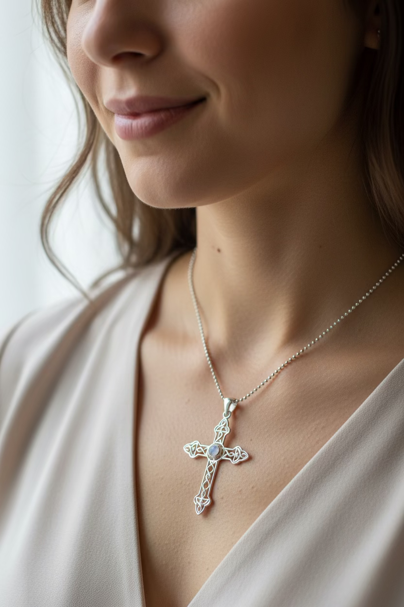 Gratitude Celtic Cross Moonstone Necklace in Sterling Silver