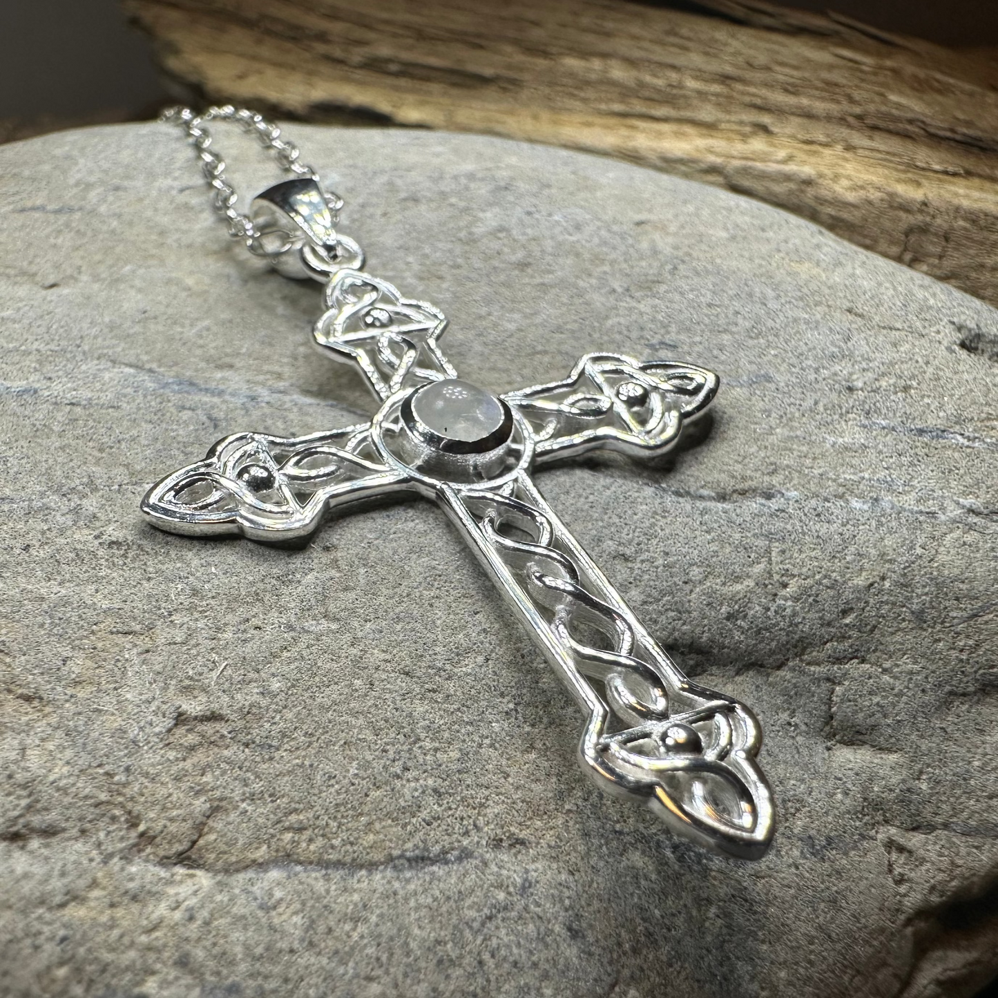 Gratitude Celtic Cross Moonstone Necklace in Sterling Silver