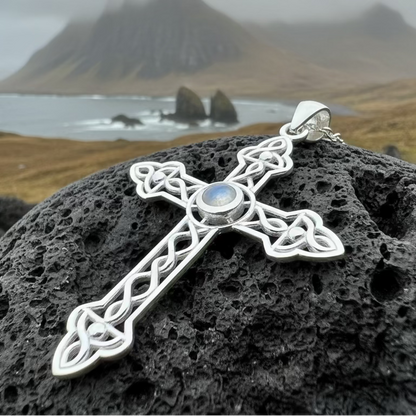 Gratitude Celtic Cross Moonstone Necklace in Sterling Silver