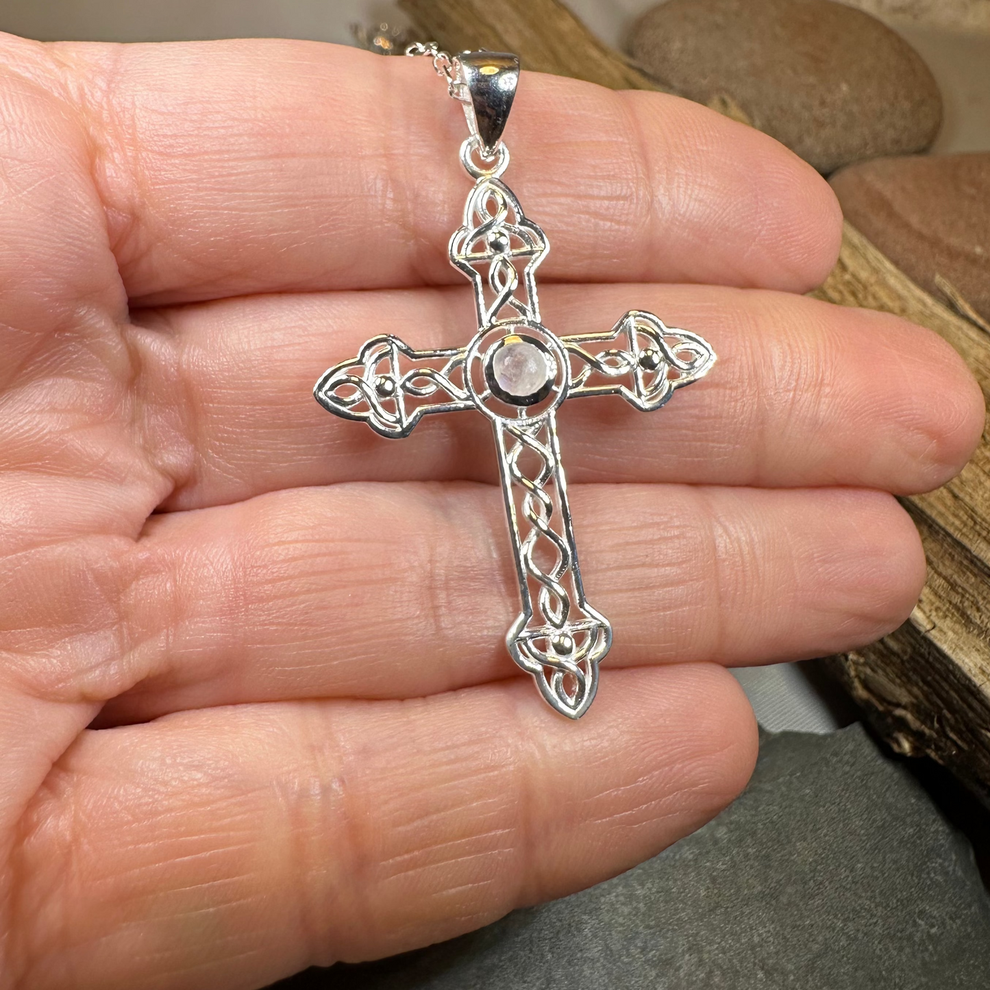 Gratitude Celtic Cross Moonstone Necklace in Sterling Silver
