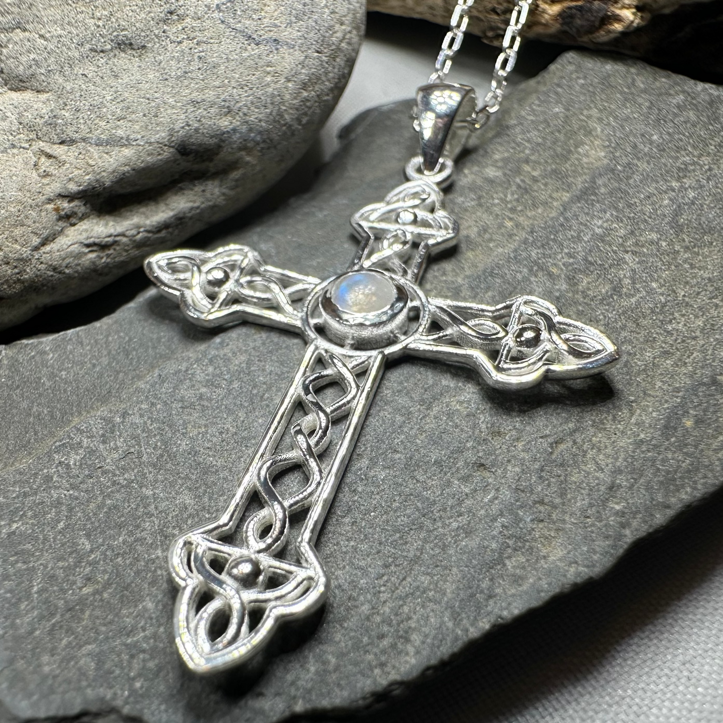 Gratitude Celtic Cross Moonstone Necklace in Sterling Silver