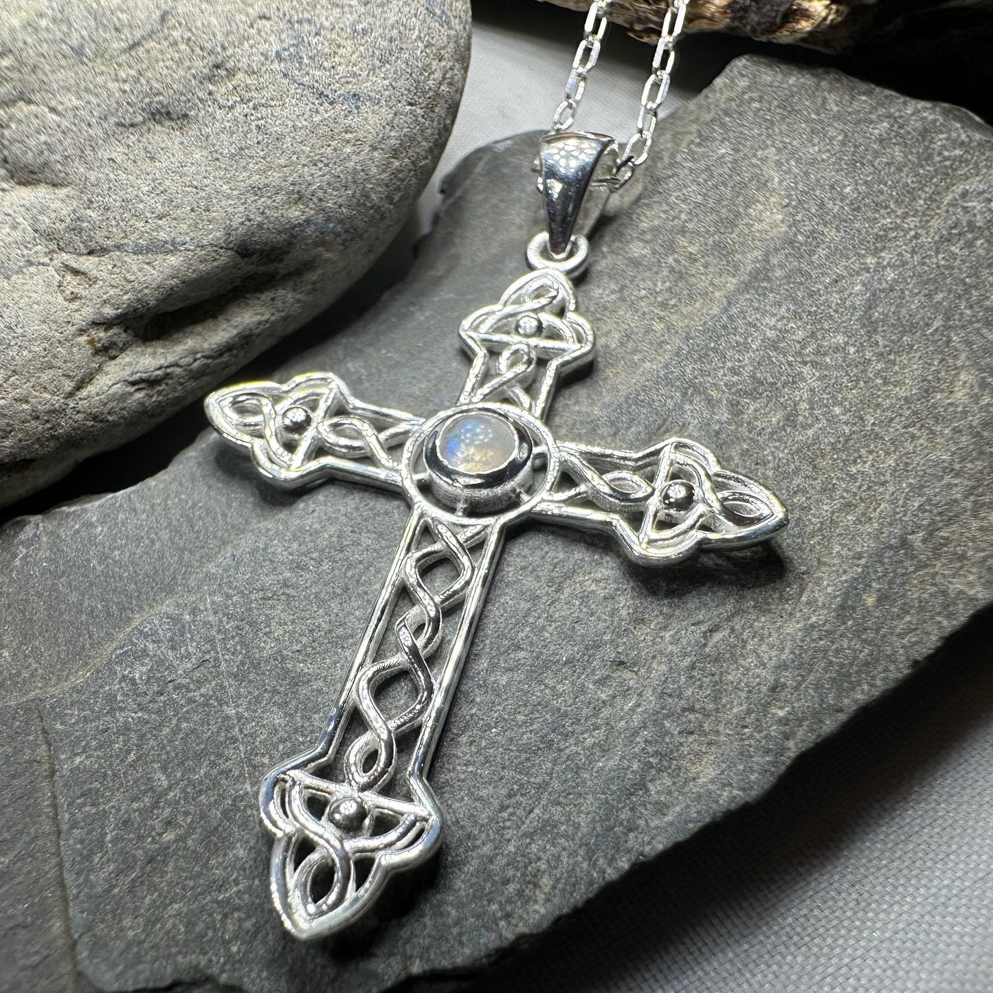 Gratitude Celtic Cross Moonstone Necklace in Sterling Silver