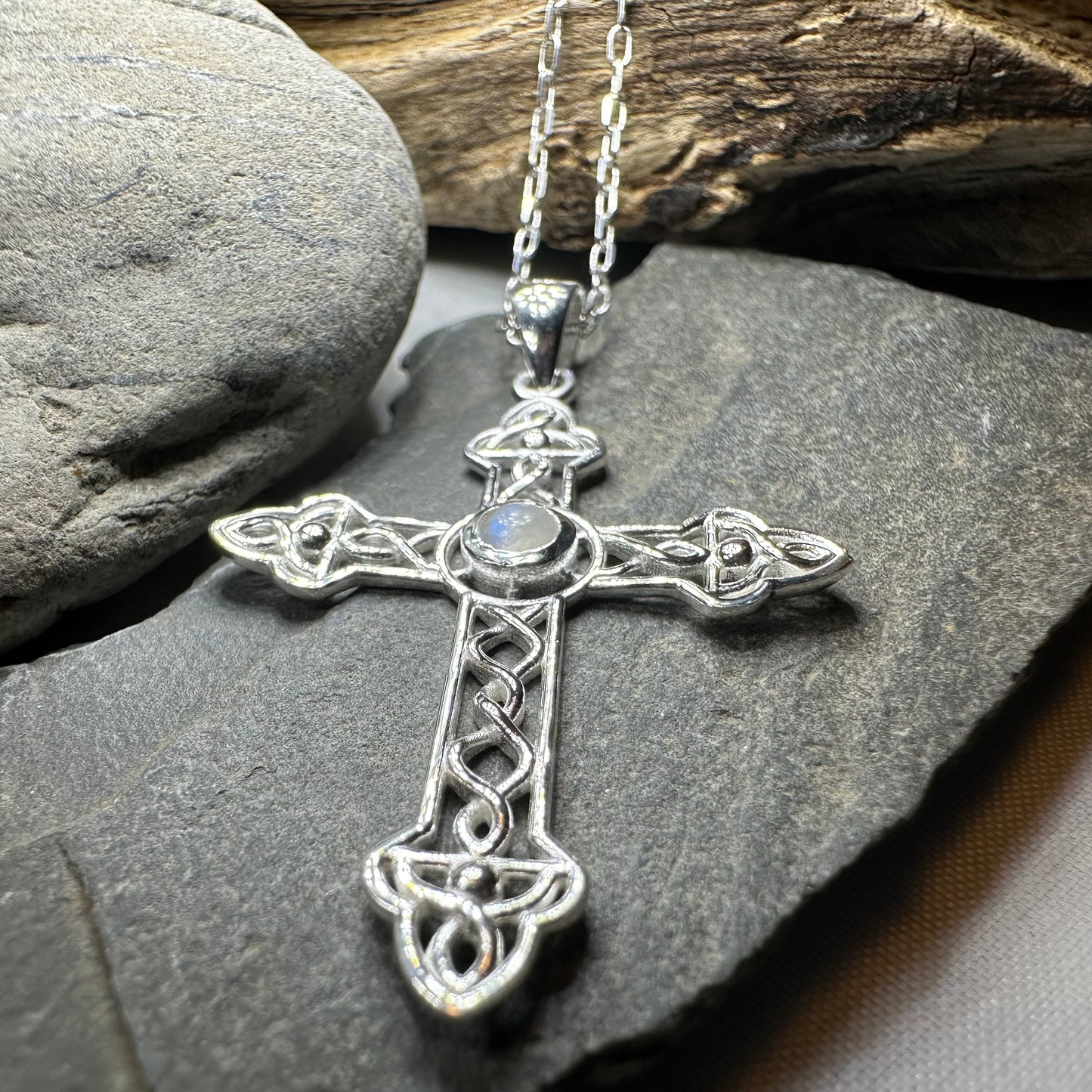 Gratitude Celtic Cross Moonstone Necklace in Sterling Silver