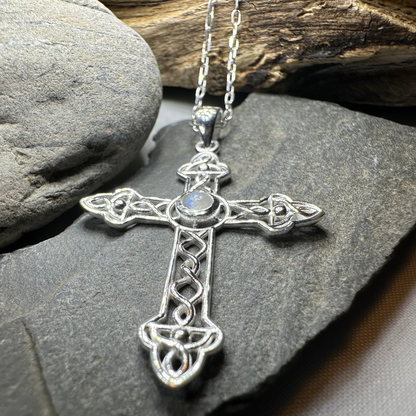 Gratitude Celtic Cross Moonstone Necklace in Sterling Silver