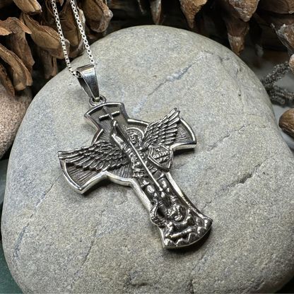 Large Saint Michael Cross Pendant in Sterling Silver
