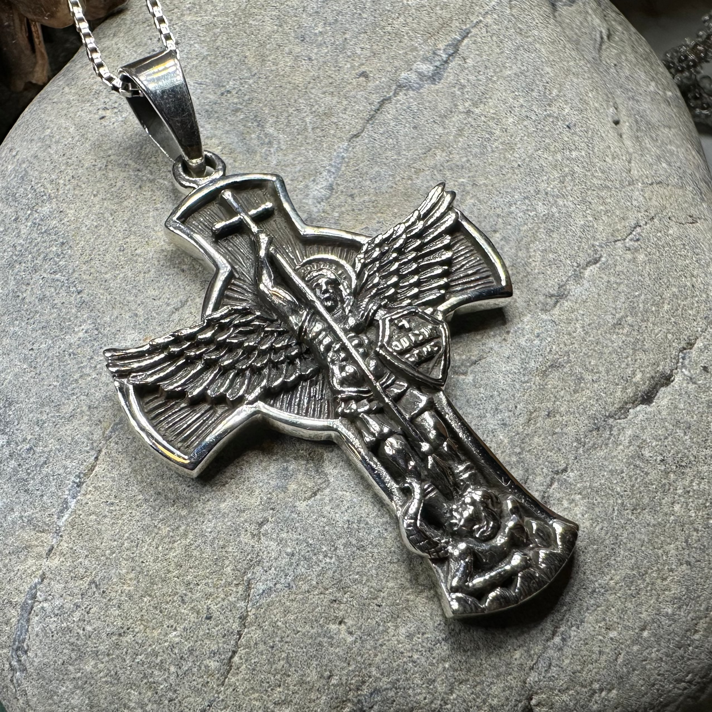 Large Saint Michael Cross Pendant in Sterling Silver