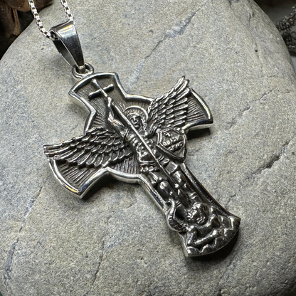 Large Saint Michael Cross Pendant in Sterling Silver