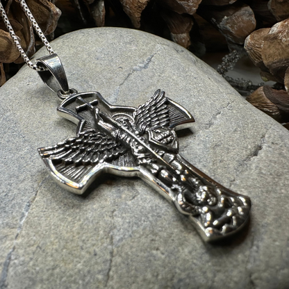 Large Saint Michael Cross Pendant in Sterling Silver