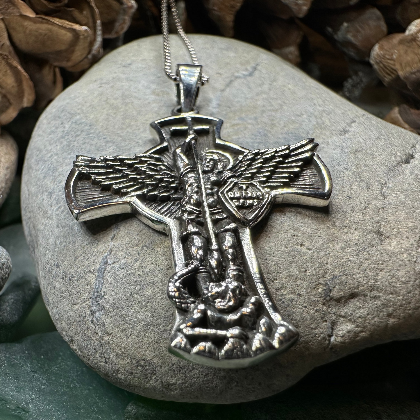 Large Saint Michael Cross Pendant in Sterling Silver