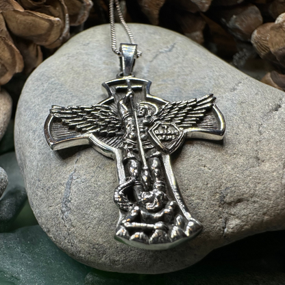Large Saint Michael Cross Pendant in Sterling Silver