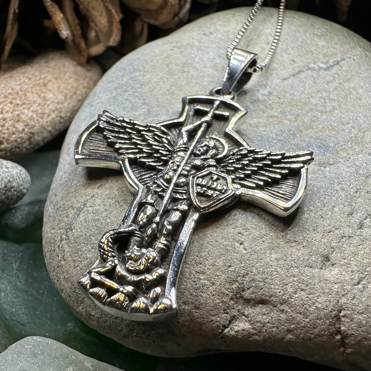 Large Saint Michael Cross Pendant in Sterling Silver