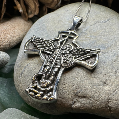 Large Saint Michael Cross Pendant in Sterling Silver