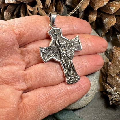 Large Saint Michael Cross Pendant in Sterling Silver