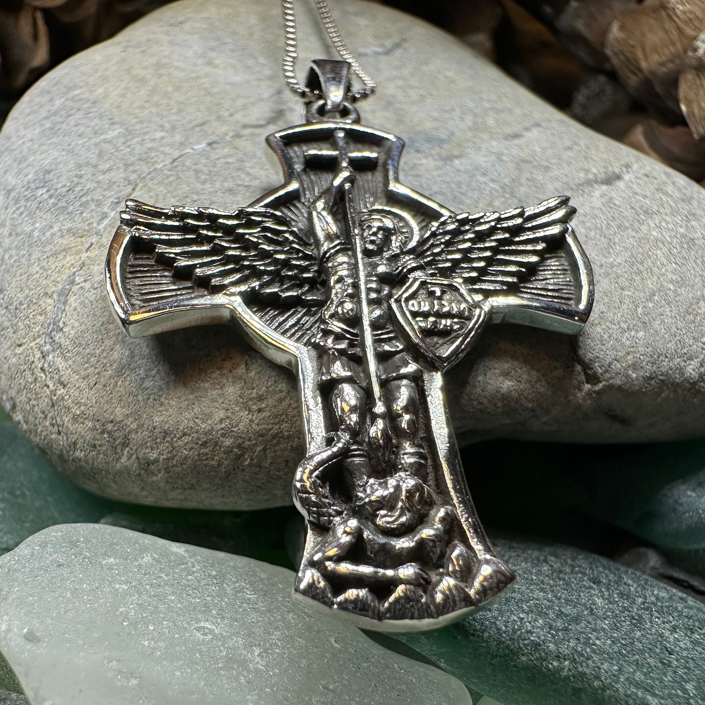 Large Saint Michael Cross Pendant in Sterling Silver