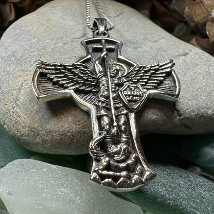 Large Saint Michael Cross Pendant in Sterling Silver
