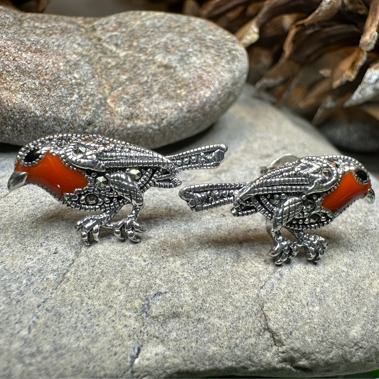 Redbreasted Robin Marcasite Earrings in Sterling Silver