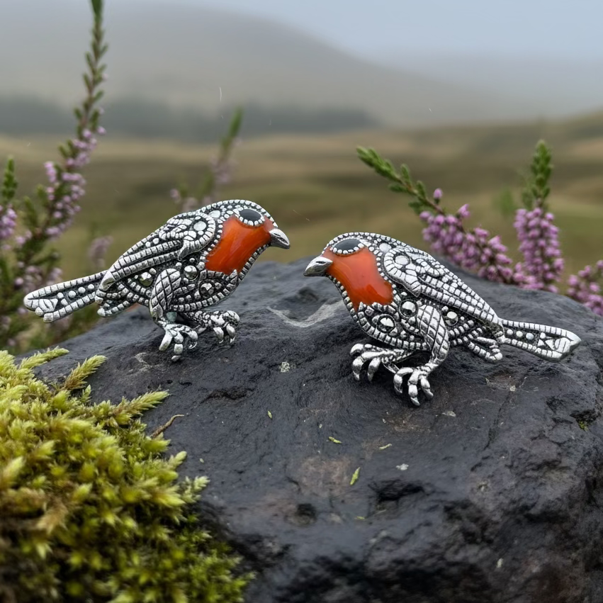 Redbreasted Robin Marcasite Earrings in Sterling Silver