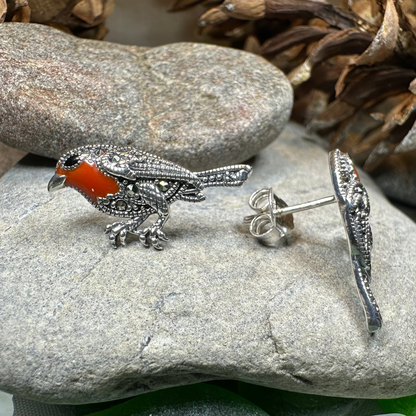Redbreasted Robin Marcasite Earrings in Sterling Silver