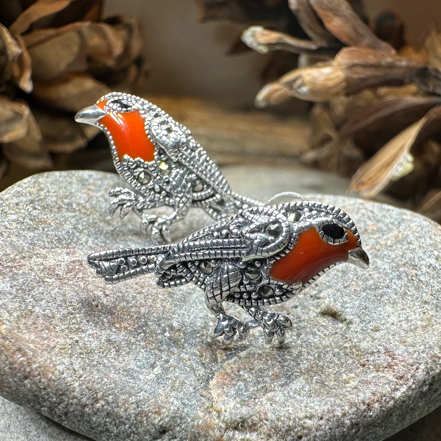 Redbreasted Robin Marcasite Earrings in Sterling Silver