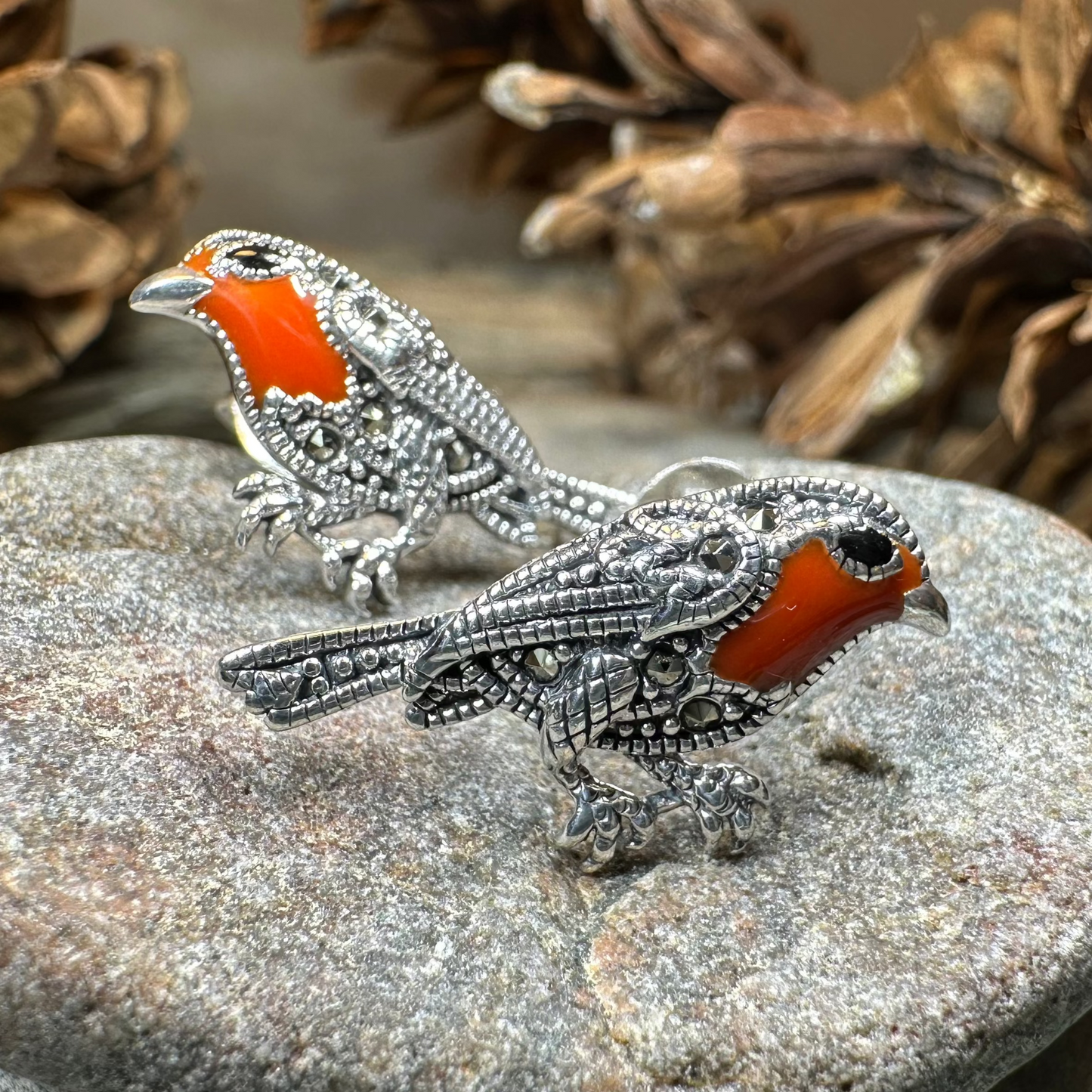 Redbreasted Robin Marcasite Earrings in Sterling Silver
