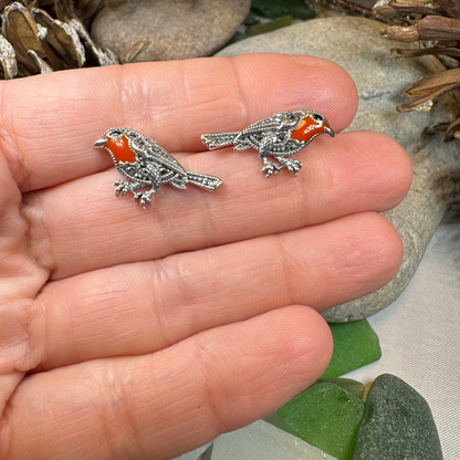 Redbreasted Robin Marcasite Earrings in Sterling Silver